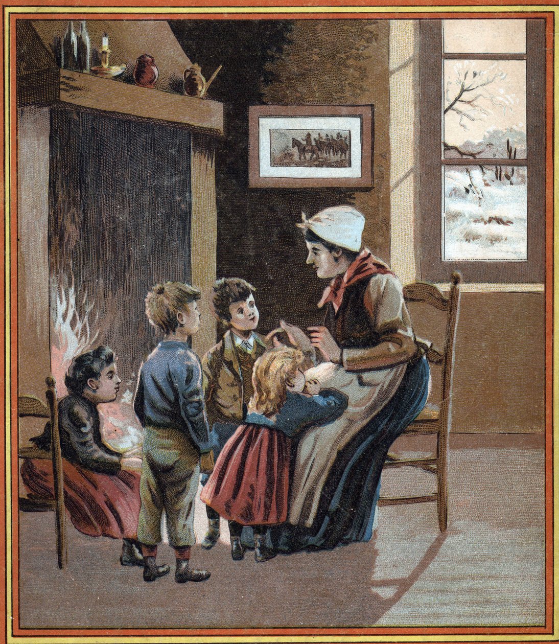 Matka vypráví svým dětem u ohně příběhy. Obálka knihy “”Les tales du foyer pour les petits”””. Anonymní rytina 19. století. od French School