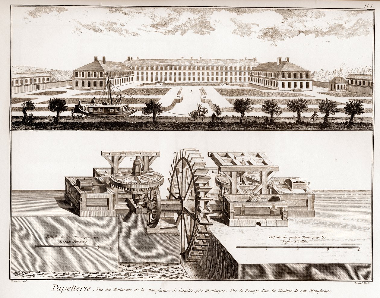 Papírna - Papírnictví: pohled na budovy manufaktury anglee u Montargis - Pohled na ozubené kolo jednoho z mlýnů této manufaktury - „“ The Grande Encyclopedie, ou Dictionnaire Raisonne des Sciences, des Arts et des Metiers““ (Encyklope od French School