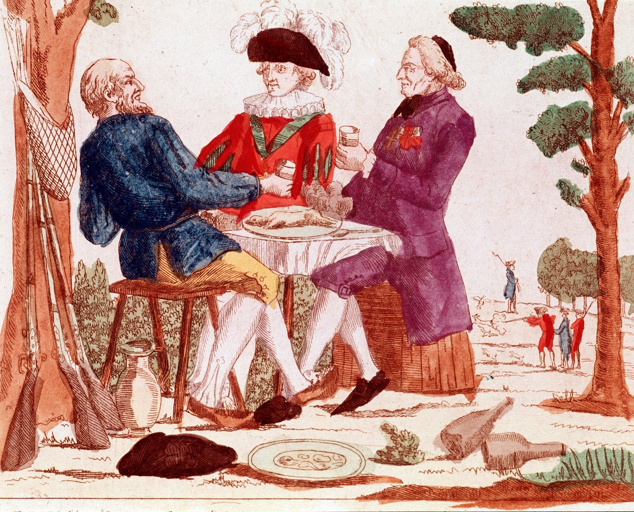 Sedlák (tiers etat), duchovní a šlechtic jedí společně u stolu králíka, vpravo v pozadí lovecká scéna, vlevo tři zbraně, srpen 1789 (rytina, konec 18. století) od French School