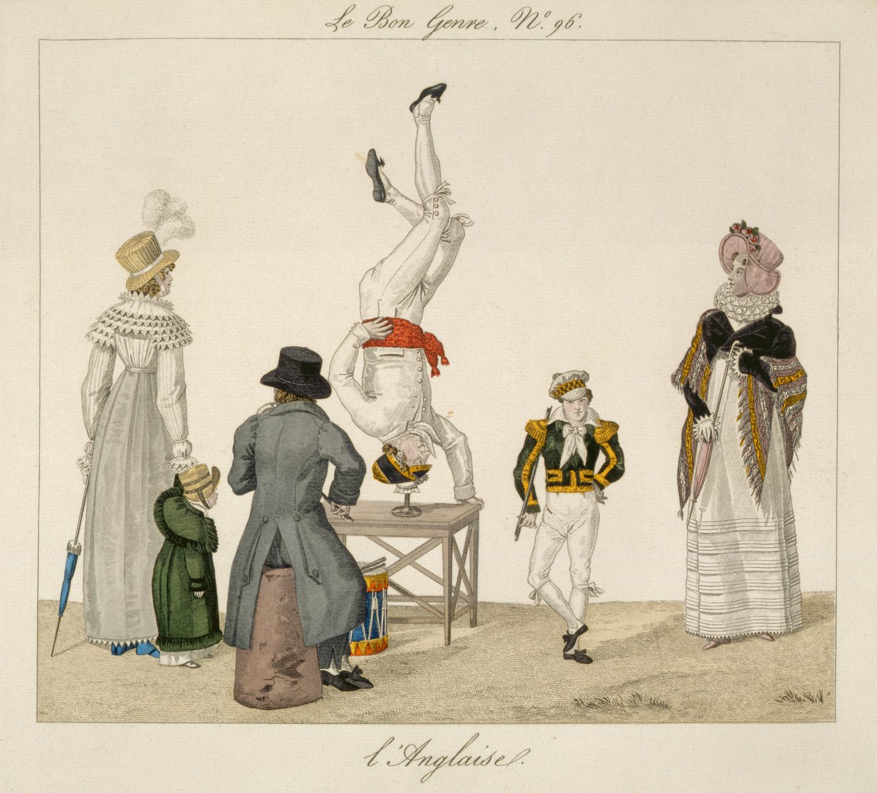 Umělec stojící na hlavě balancující na skle, deska 96 z le Bon Genre, kolem 1810 (barevná rytina) od French School