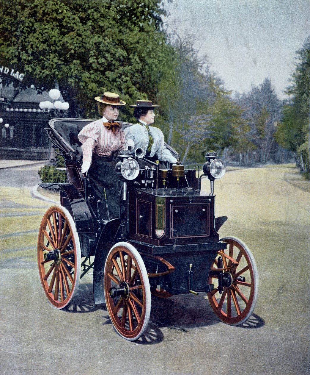 Benzínový Panhard Levassor Phaeton se startovací rukojetí, 1896 (barevné černobílé foto) od French School