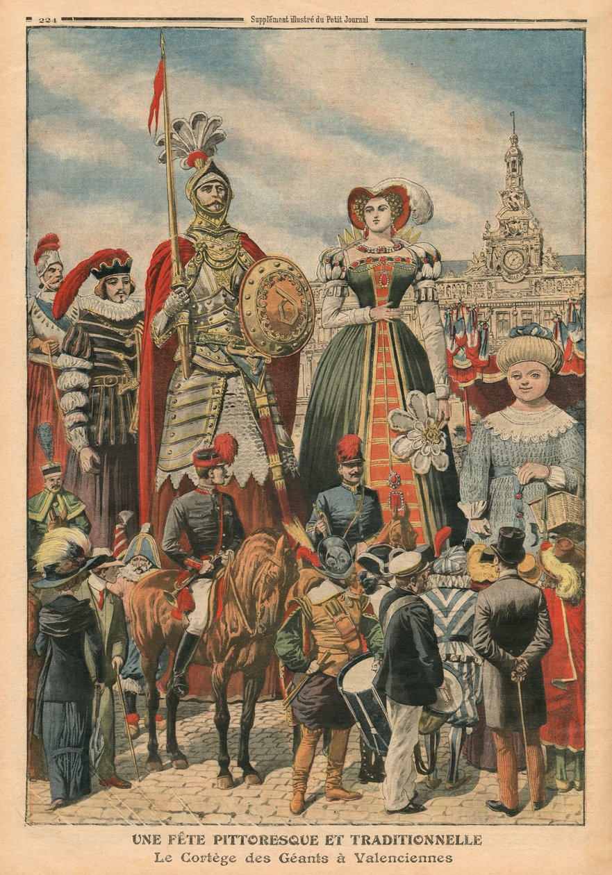 Malebný a tradiční svátek, průvod obrů ve Valenciennes, ilustrace z 