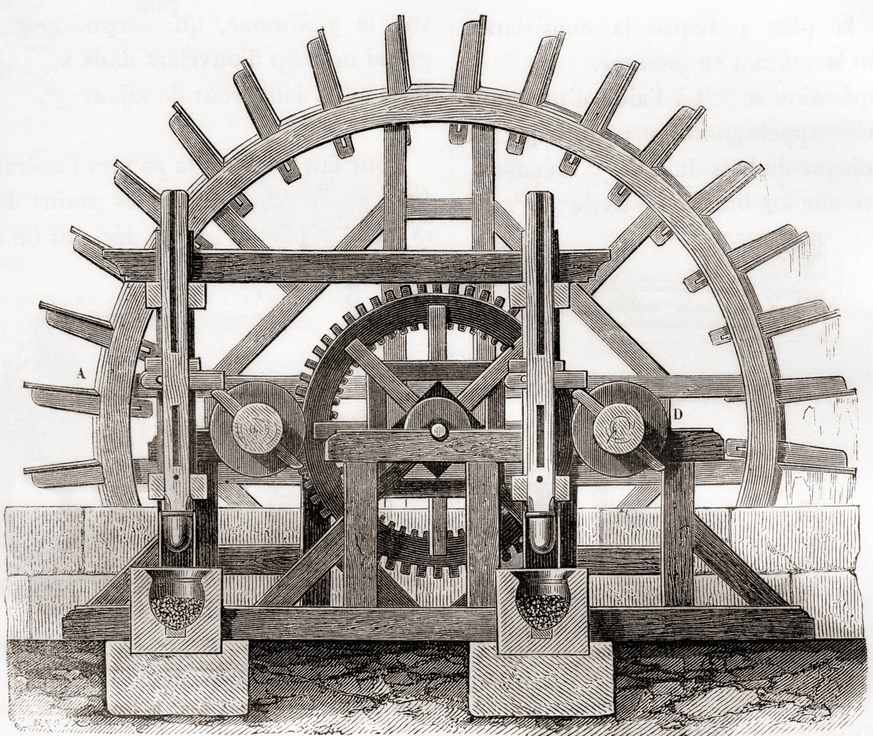 Mlýn na prášek a jeho vodní kolo, po nákresu z 19. století, z Les Merveilles de la Science, vydáno kolem roku 1870 (rytina) od French School