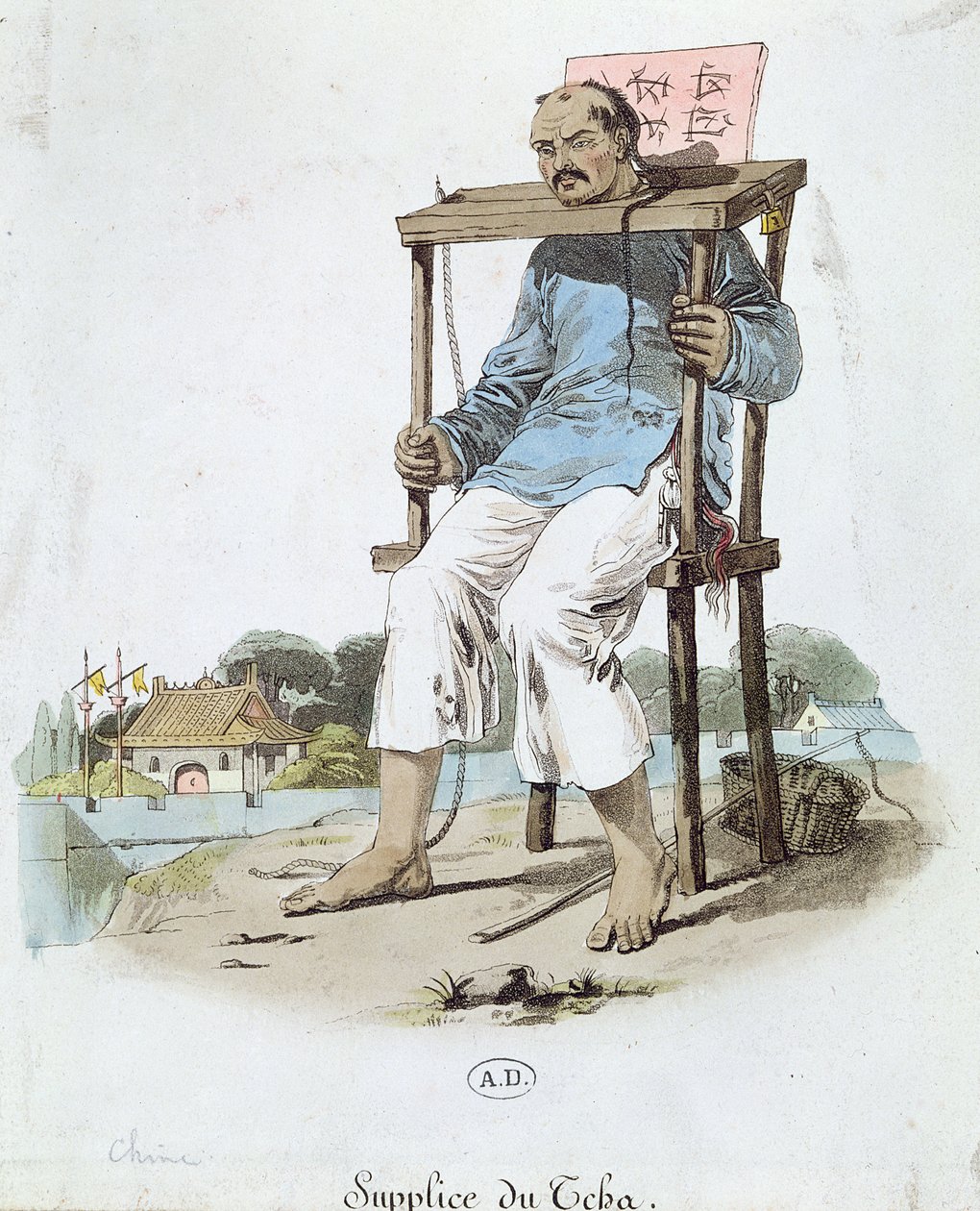 Vězeň v Cangue v Číně, cca 1800 (barevná rytina) od French School