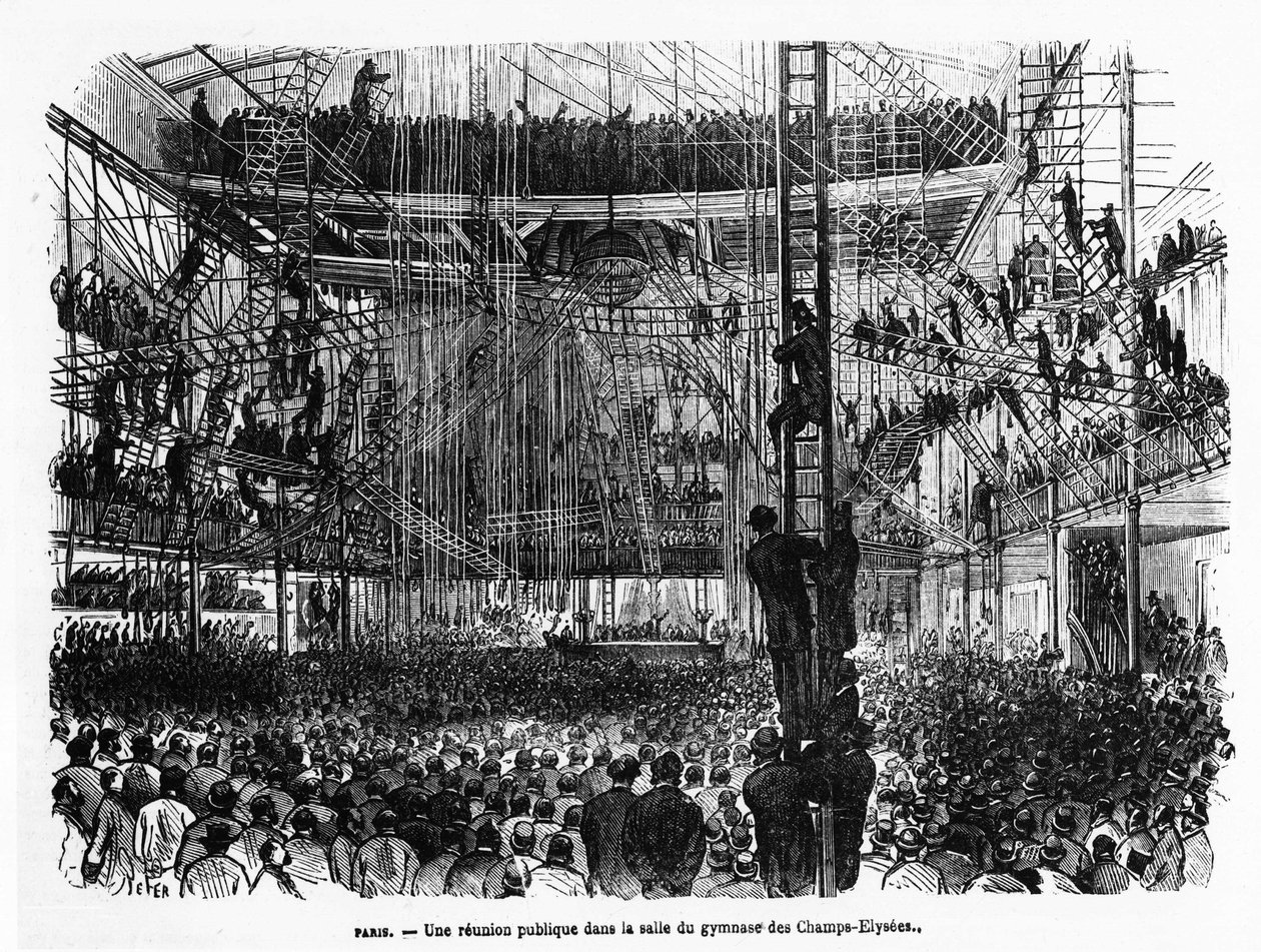 Veřejná schůze v tělocvičně na Champs-Elysées v Paříži - v „La Presse illustrée““ n¡104, 30/10/1869, kol. Selva. od French School