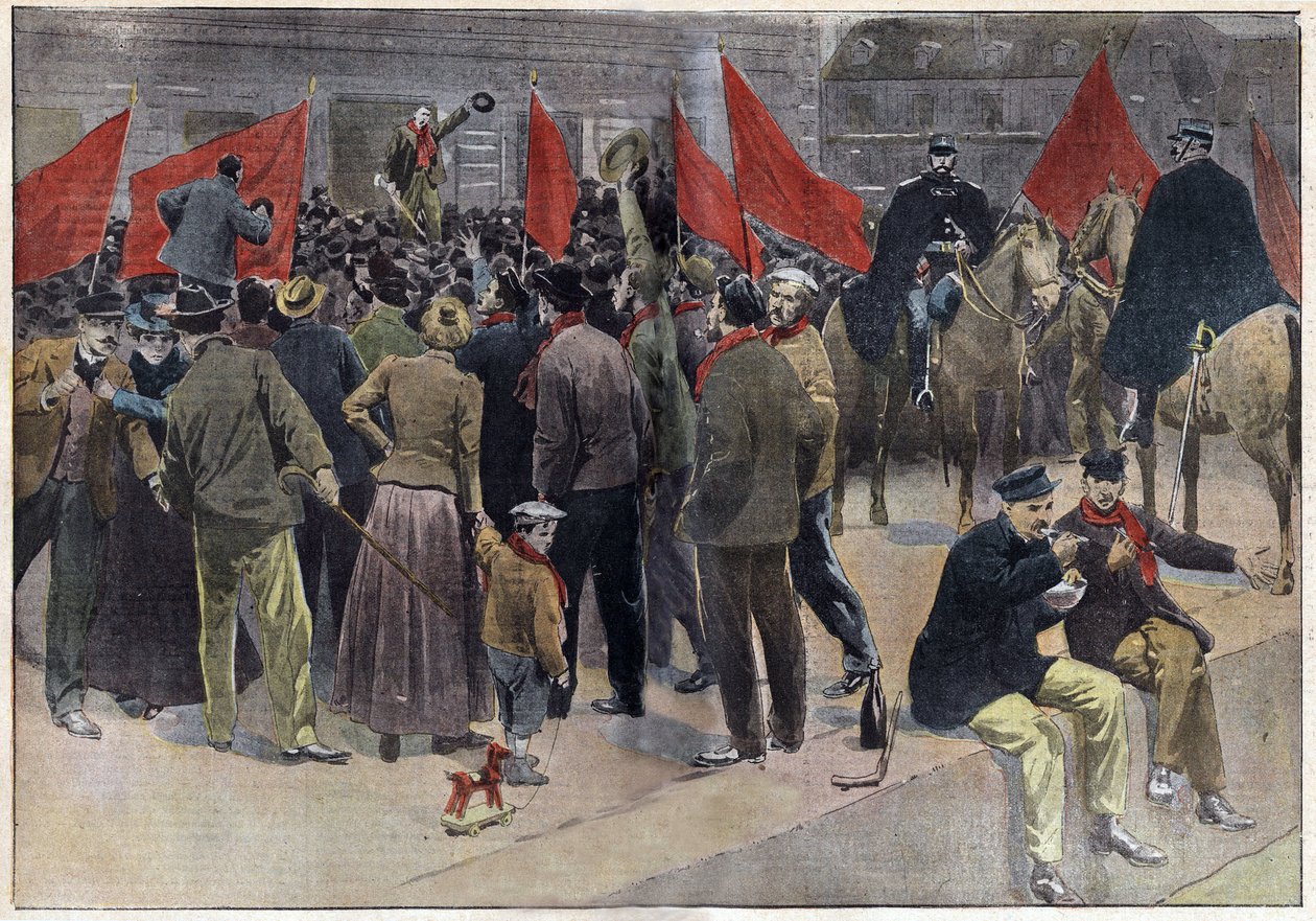 Veřejné shromáždění grevistů před radnicí v Montceau les mines (Saone a Loira), kde téměř 10 000 grevistů opustilo práci na více než měsíc. Rytina v "Le pelerin" 8/09/1901. Sbírka Selva. od French School