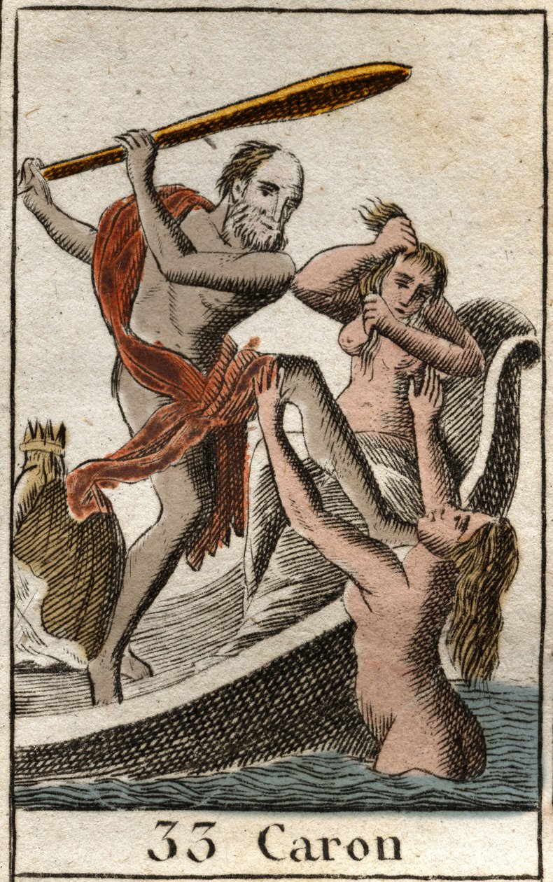 Představení Charona (nebo Carona), chůze po podsvětí, umožňuje zesnulému překročit řeku Acheron (nebo Styx). (Charon (nebo Kharon) je převozník pekla, veze duše na své lodi, aby překonal řeku Acheron (nebo Styx)). Z mého od French School