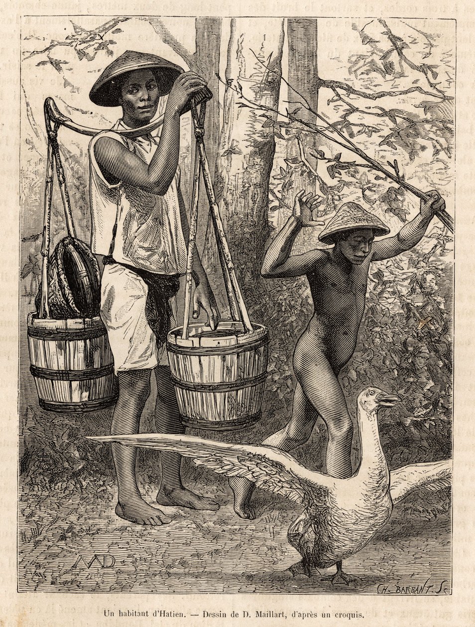 Obyvatel Hatienu (Vietnam) nesoucí kbelíky a košík a dítě lovící holí husu, rytina podle kresby od Robina ilustrující plavbu do Cochinchine od doktora Morice v roce 1872, publikovaná v „“Le tour du monde““ “ 1875, editoval E od French School