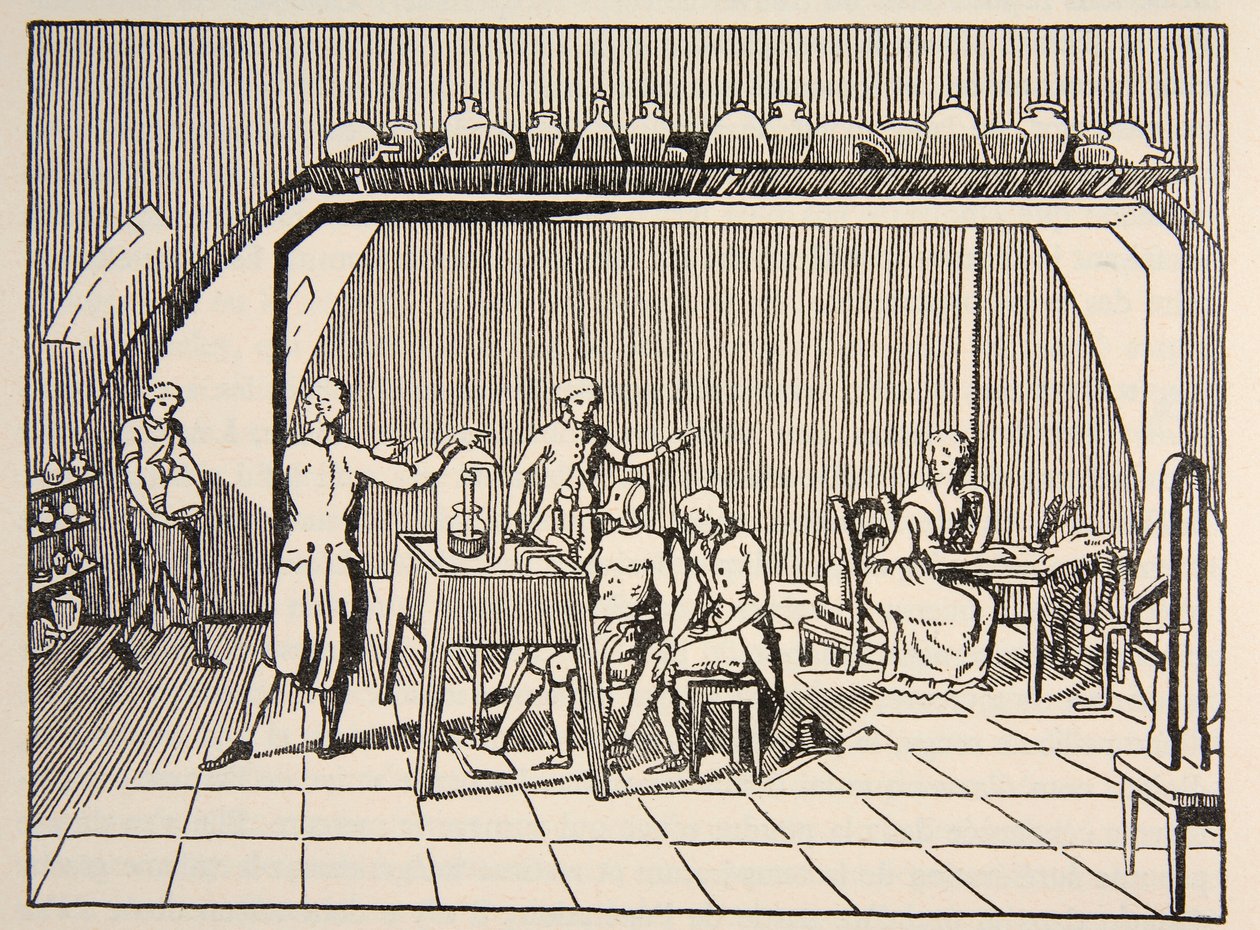 Pokus s dýcháním v Lavoisierově laboratoři, kopie Boris Mestchersky (zemř. 1957), ilustrace z knihy Histoire de la Nation Francaise, Sciences, Volumes I & II, autor Gabriel Hanotaux (1853-1944). od French School