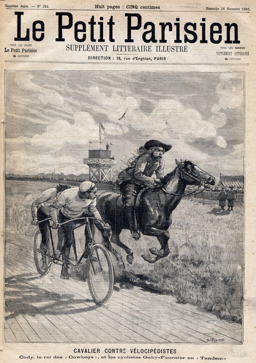 Jezdec závodil proti velocipedistům: William Frederic Cody (1846-1917), známý jako Buffalo Bill, známý jako král kovbojů a cyklisté Gaby a Fournier v Tandemu. Jeden z novin "Le petit Parisien"" 26.11.1893 (rytina) od French School