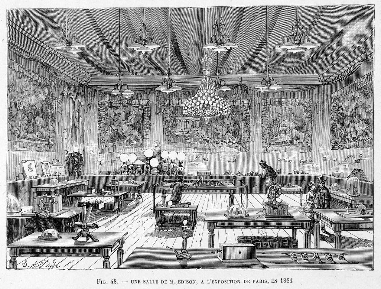 Pokoj od pana Edisona na pařížské výstavě v roce 1881 - v „Nových výdobytcích vědy“ od Louise Figuiera od French School