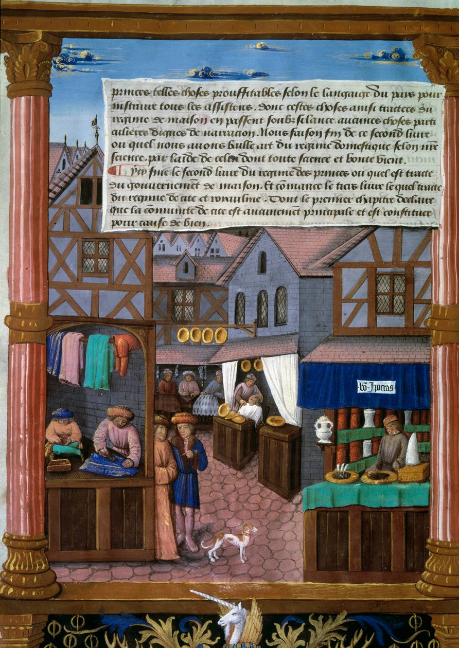 Rue de Paris s echopy na počátku 16. století Rukopisná stránka převzatá z „Livre du Gouvernement des Princes“ od Romaina Gillese (16. století) Paříž, Bibliotheque de l