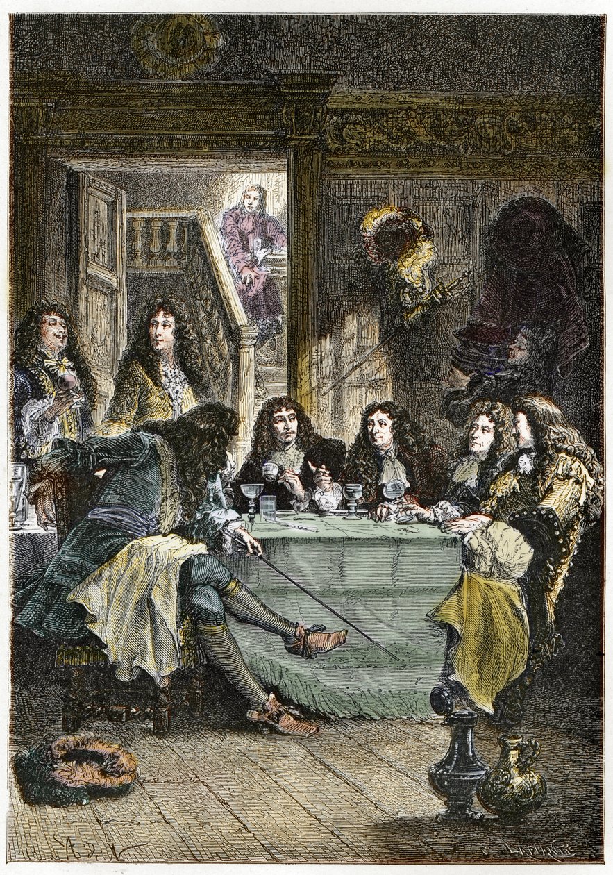 Salon (Cabaret) sdružující francouzské spisovatele Jean de La Fontaine (1621-1695), Nicolas Boileau-Despreaux (Boileau Despreaux) (1636-1711), dramatika Jean Baptiste Poquelin dit Moliere (1622-1673) a básníka Jeana Racina ( 1639-1699) - Fontána, Boilea od French School