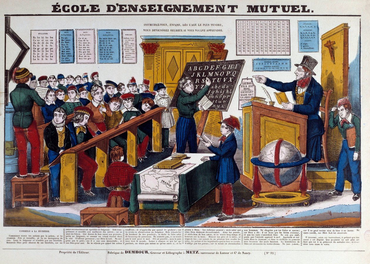 Škola vzájemného vzdělávání zavedená ve Francii kolem roku 1815. Rytina z 19. století, Paříž, Musee Carnavalet od French School