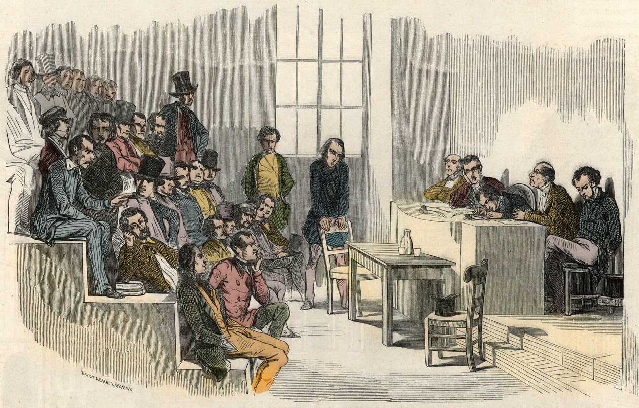Seance agregační soutěže na pařížské Sorbonně v 19. století – rytina do „“Tableau-de-Paris”” od Edmonda Texiera 1852 od French School