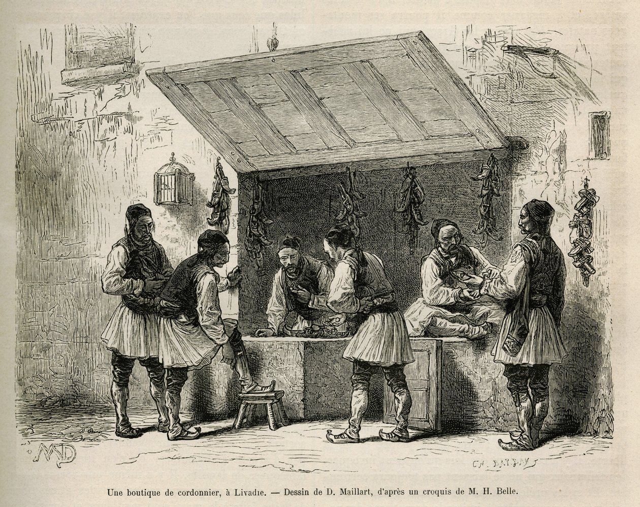 Obuvnický obchod a jeho klientela v Livadie, kresba D. Maillarda, k ilustraci příběhu Henri Belle: Voyage en Greece od French School