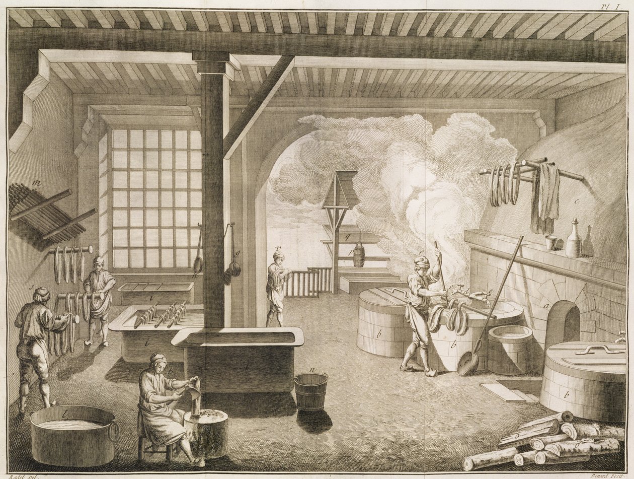 Workshop barvířů hedvábí z Encyclopedie des Sciences et Metiers od Denise Diderota (1713-84) vydané kolem roku 1770 od French School