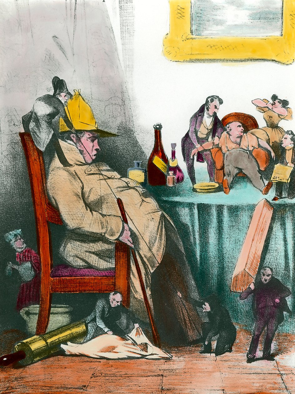 Sedící hypochondr myslící na svou příští smrt Ilustrace k dílu „Le malade imaginaire““ od Jeana Baptista Poquelin dit Moliere (1622-1673) Soukromá sbírka z 19. století od French School