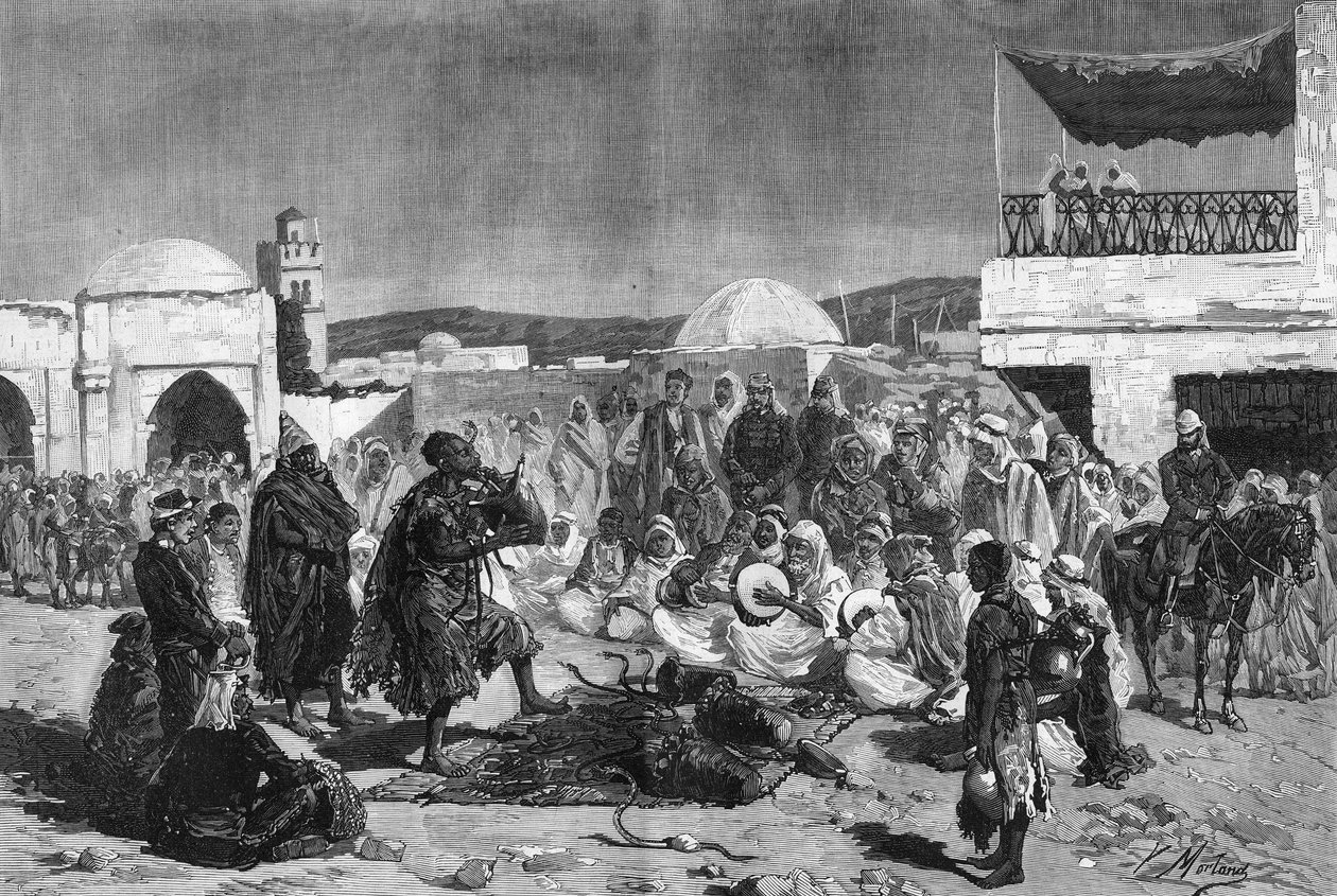 Zaklínač hadů na Souk Square v Beja v Tunisku od French School