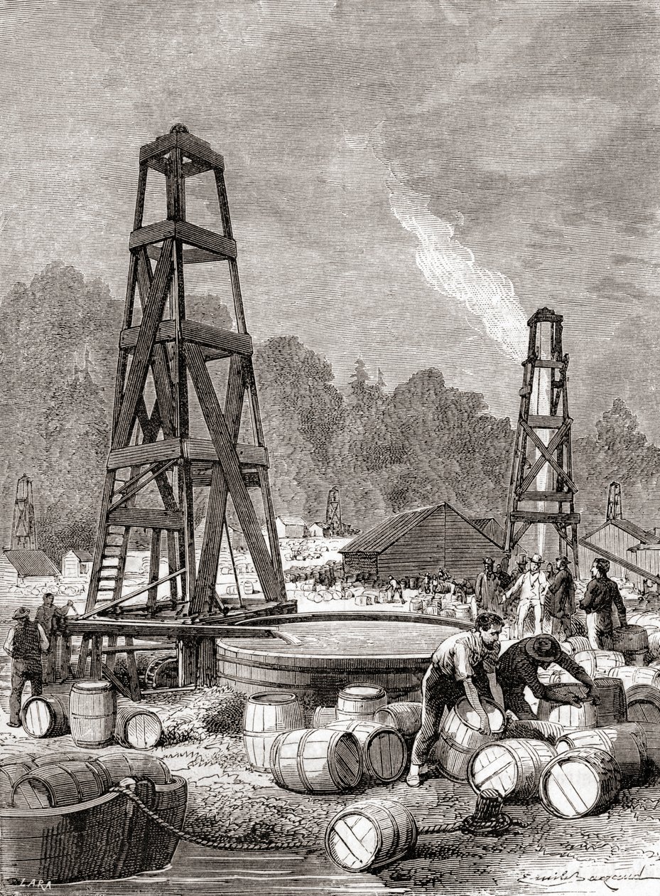 Zdroj ropy v Oil Creek na řece Allegheny, Pensylvánie, USA v roce 1858, objeven Edwinem Laurentinem Drakeem, alias plukovníkem Drakem, z „Les Merveilles de la Science“, vydáno kolem roku 1870 (rytina) od French School
