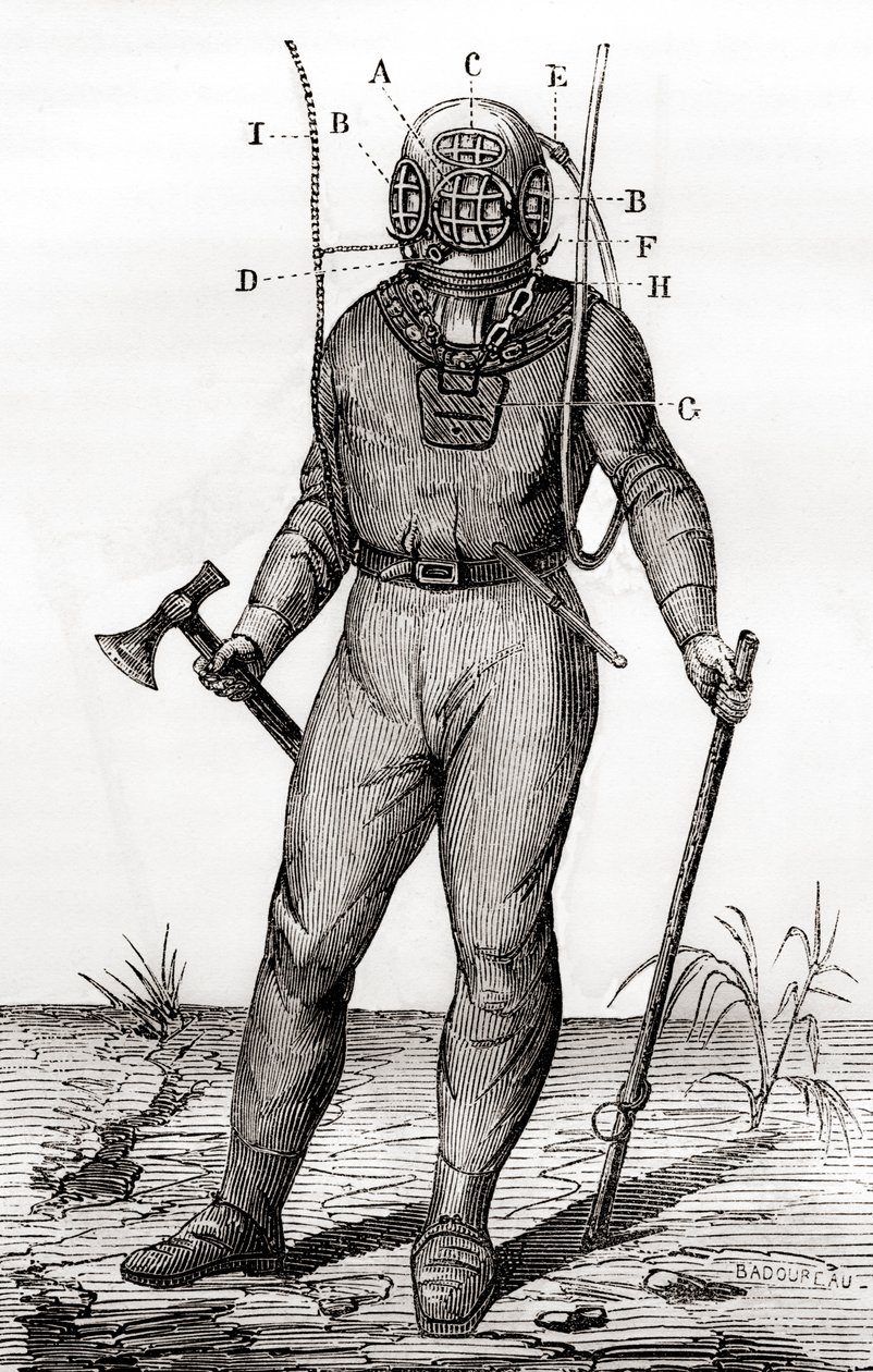 Standardní potápěčský oblek patentovaný Josephem-Martinem Cabirolem v roce 1855, z „Les Merveilles de la Science“, publikovaný kolem roku 1870 (rytina) od French School