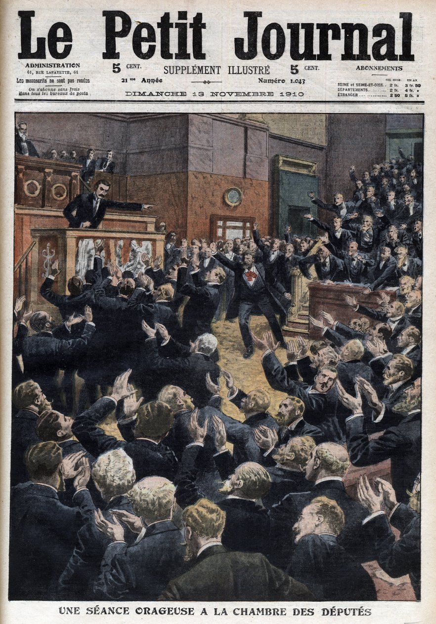 Bouřlivé zasedání v Poslanecké sněmovně - Premiér Aristide Briand obviňuje vůdce socialistů Jeana Jaurese z porušení zákona - ilustrace z 