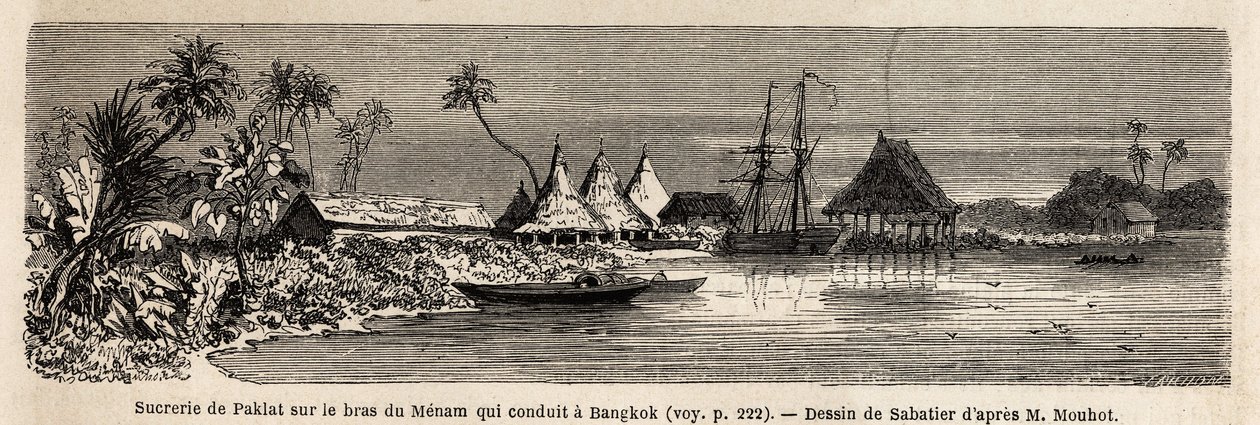 Cukrovar Paklat, na rameni Menam, hlavní thajské řeky, kresba Sabatierem, k ilustraci cesty Henriho Mouhota do království Siam, Kambodža a Laos v letech 1858 až 1861. Rytina „“ Le tour du monde“ “, editoval Edouard Charto od French School
