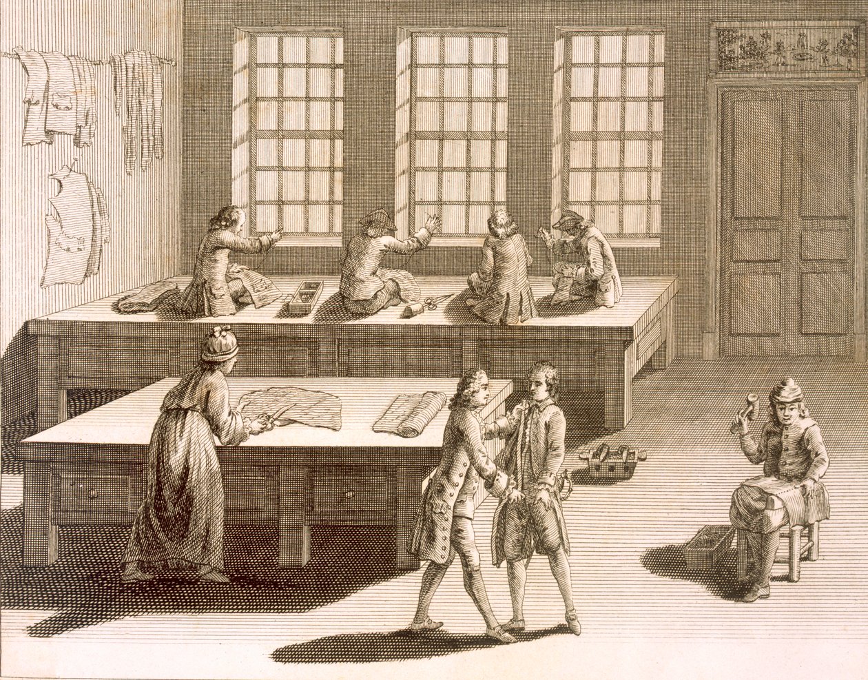 Krejčovská dílna z Encyklopedie des Sciences et Metiers od Denise Diderota (1713-84) vydané kolem roku 1770 od French School