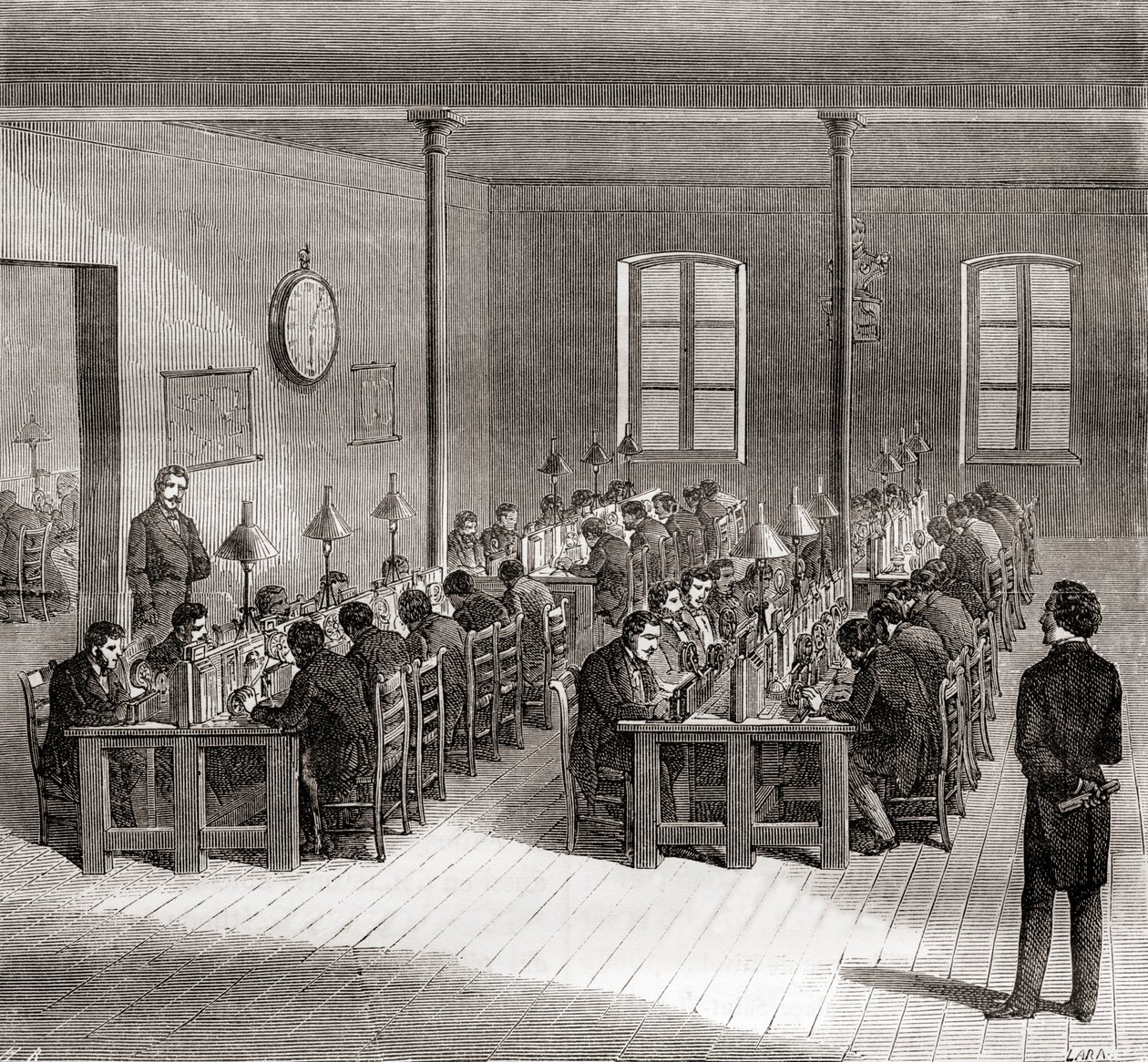 Telegrafní stanice v Paříži, Francie kolem roku 1870, z Les Merveilles de la Science, zveřejněno kolem roku 1870 (engaving) od French School