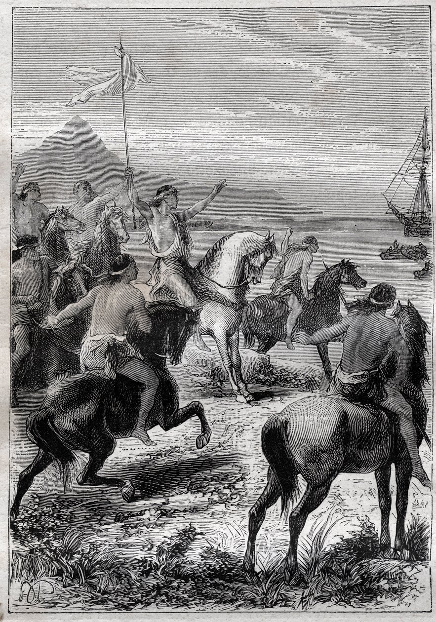 Skupina mužů na koních měla bílou vlajku: viceadmirál John Byron (1723-1786) přijatý domorodci z Cape des Virgins ve východním ústí Magellan