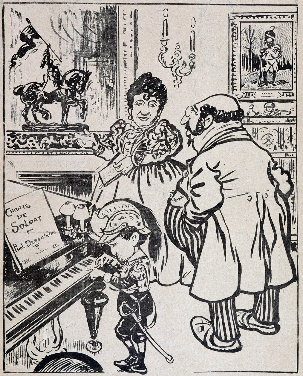 Použitý bronz, karikatura s bitevními loděmi, noty pro Derouleda na klavír a soška Johanky z Arku (význam) , "Psst" 12. 3. 1898. od French School