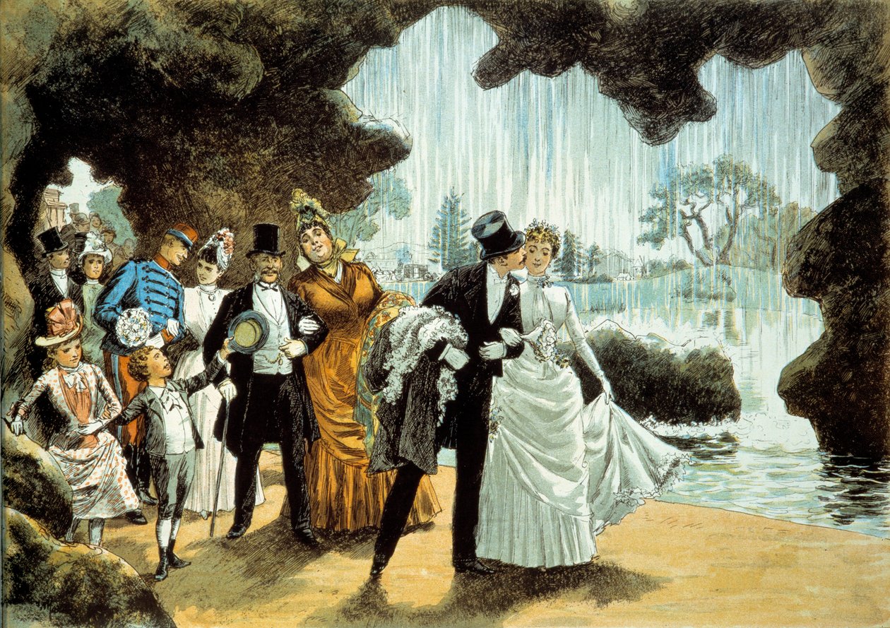 Svatba má vodopád. Manželé v parku Parc des Buttes Chaumont (). Tisk z konce 19. století Soukromá sbírka od French School