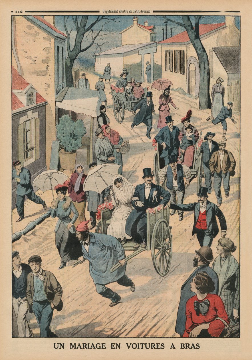 Svatba na ručních kárách, ilustrace na zadní straně obálky z Le Petit Journal, příloha ilustrovaná, 5. dubna 1914 od French School