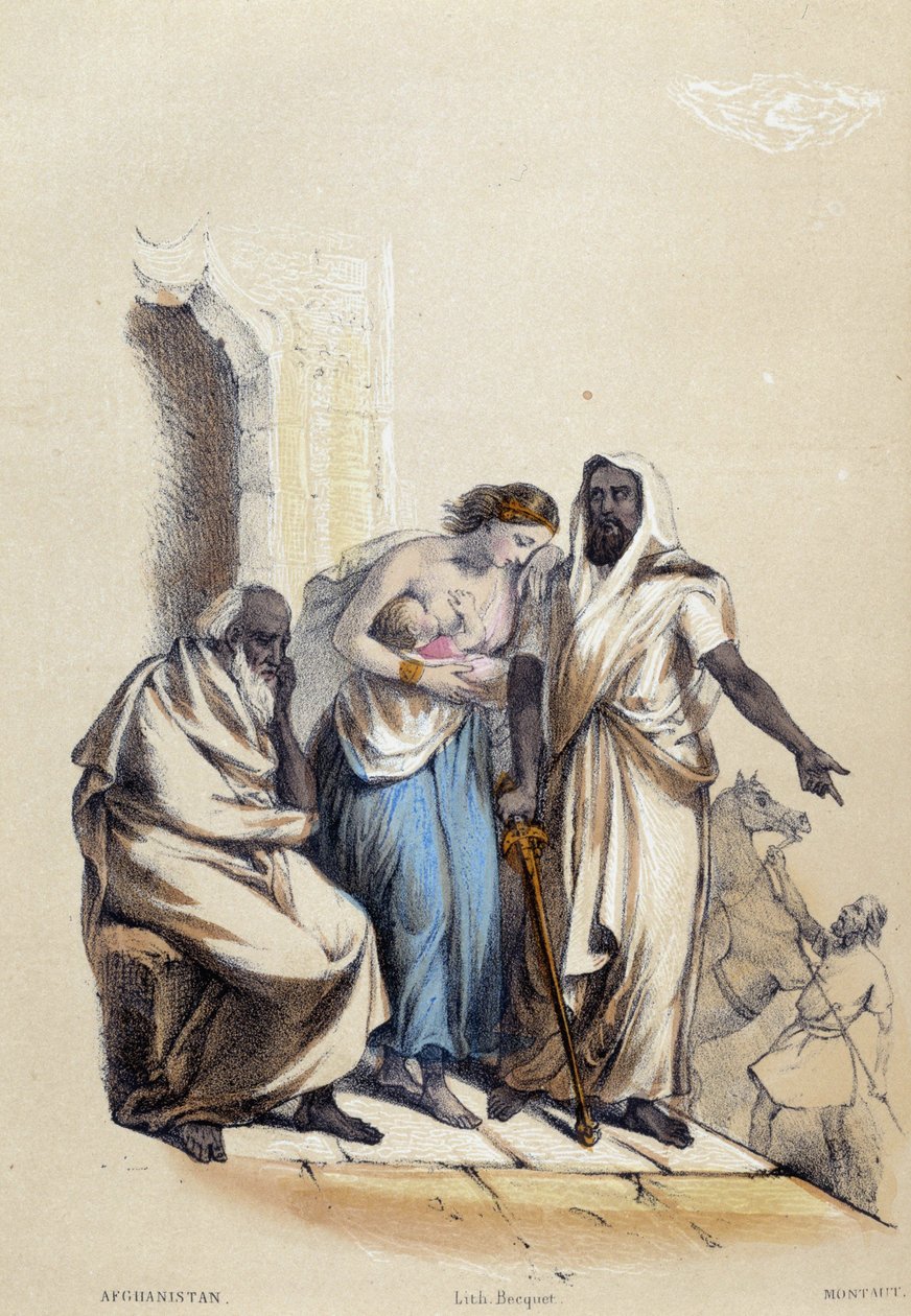 Bílá žena kojící své dítě potrestána v Afghánistánu; ilustrace pro Afghánistán, -v „Dvanácti národech“ od M.E Fouineho od French School