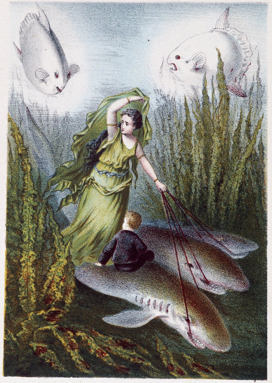 Žena a chlapec prchají před obřími rybami na žraloky - v "Cestě na dno moře" od H. de la Blanchère. Paříž, vyd. Jouvet et Cie, sd. 1880. (double 02944) od French School