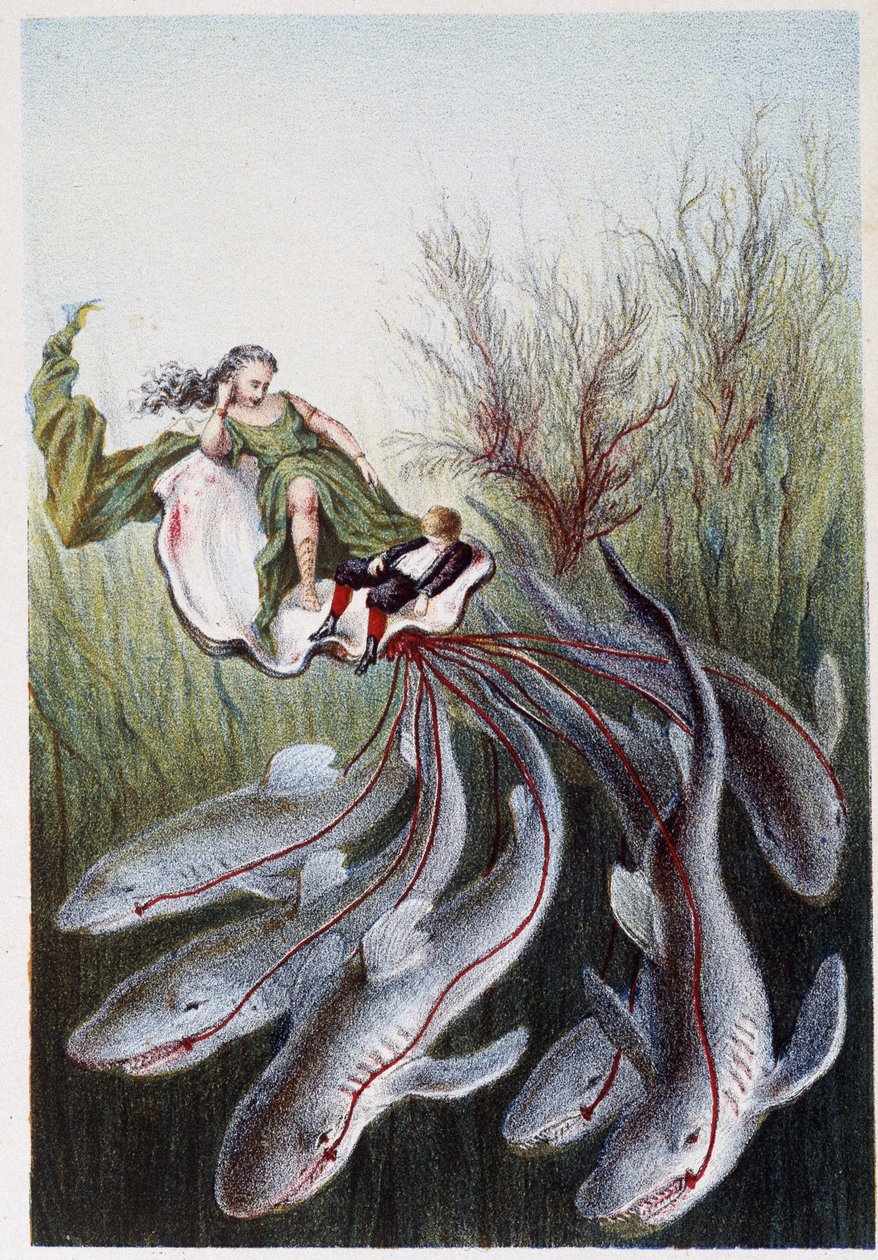 Žena a chlapec na nádrži vedené žraloky - v "Cestě na dno moře" od H. de la Blanchère. Paříž, vyd. Jouvet et Cie, sd. 1880. (double 02946) od French School