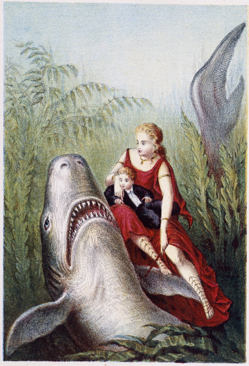 Žena a chlapec jedoucí na žralokovi - ve filmu „Cesta na dno moře“ od H. de la Blanchère. Paris, ed. Jouvet et Cie, sd. 1880. od French School