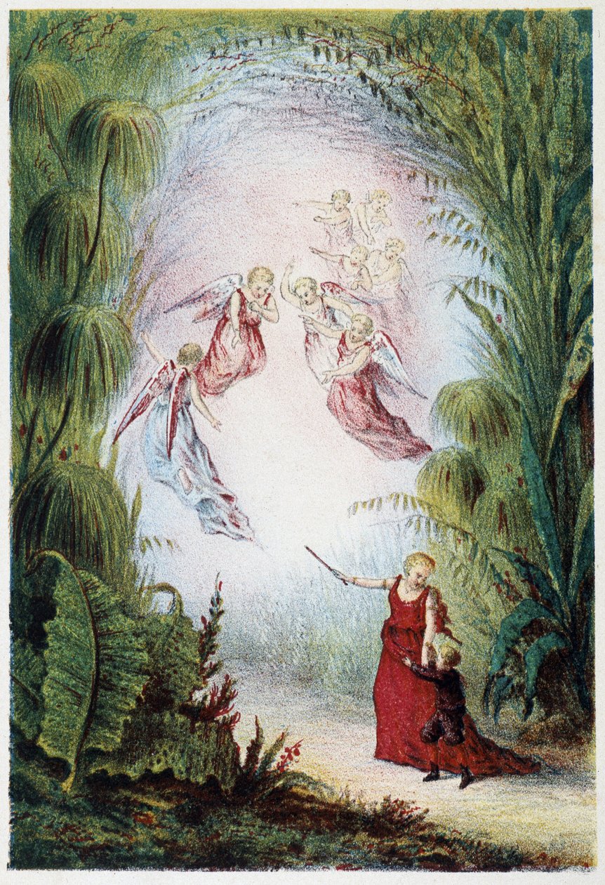 Žena a andělé ukazující cestu chlapci – v „“Cesta na dno moře““ od H. de la Blanchère. Paris, ed. Jouvet et Cie, sd. 1880. od French School