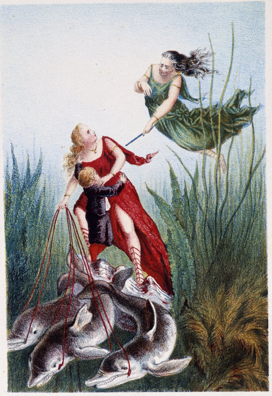 Žena útočící na jinou ženu a chlapce vedeného delfíny – ve filmu „Cesta na dno moře“ od H. de la Blanchère. Paris, ed. Jouvet et Cie, sd. 1880. (dvojité 02947 a 02952) od French School
