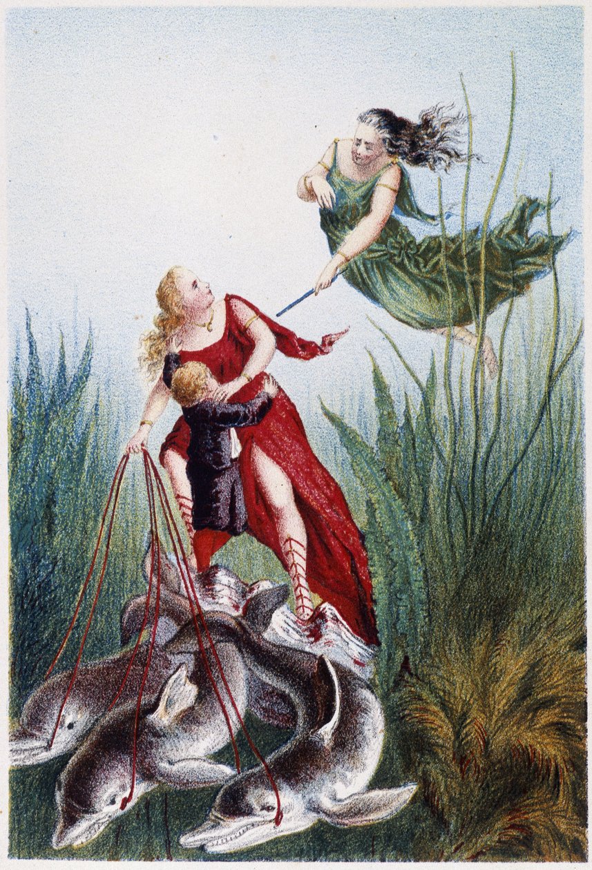 Žena útočící na jinou ženu a chlapec vedený delfíny - v "Cestě na dno moře" od H. de la Blanchère. Paříž, vyd. Jouvet et Cie, sd. 1880. (double 02947) od French School