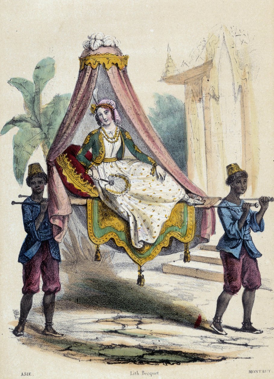 Žena nesená v nosítkách 2 sluhami; ilustrace pro Asii, -v „Dvanácti národech““ od M.E Fouineta od French School