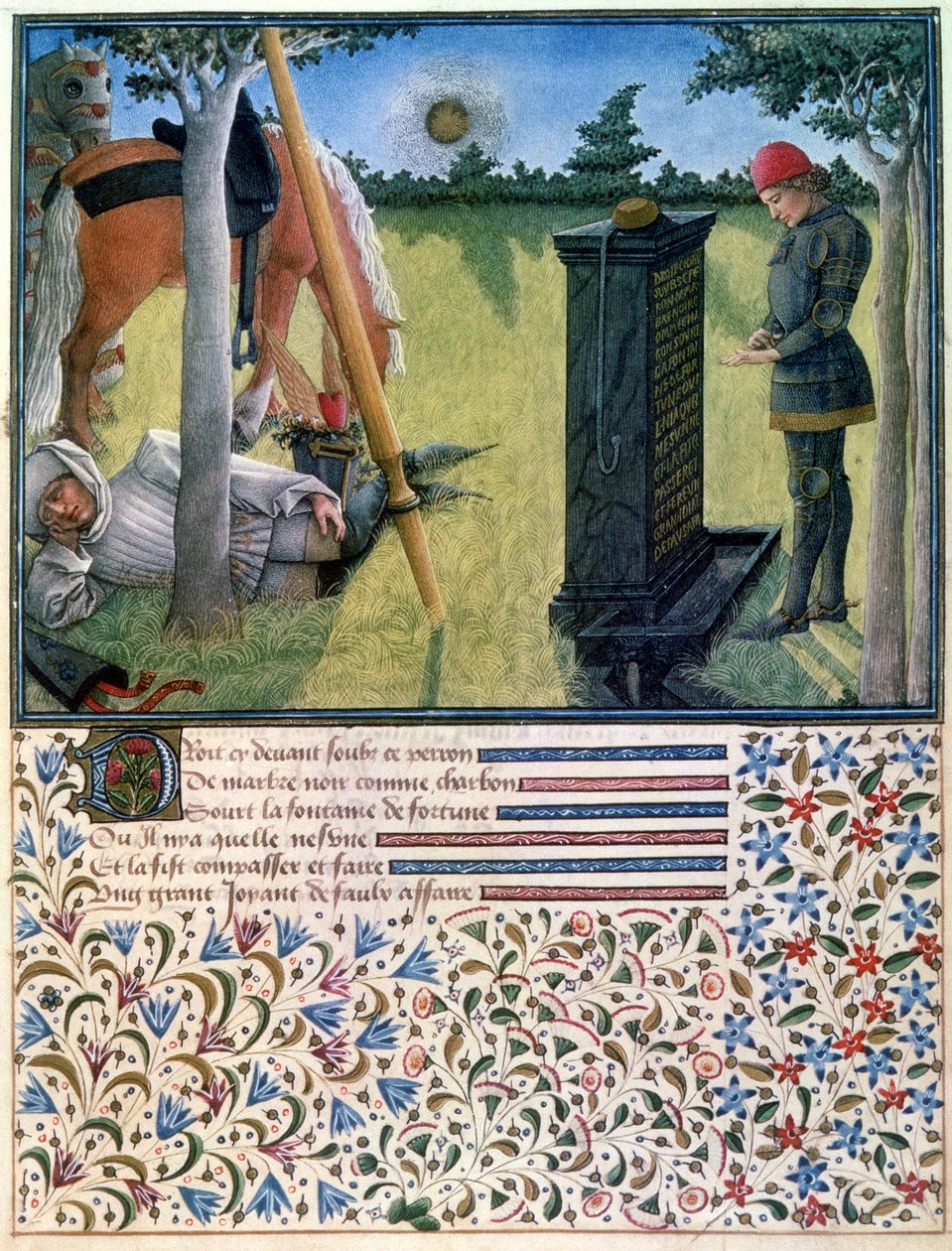 Mladý rytíř stojí před náhrobkem, zatímco jeho sluha spí u jejich koní, z knihy Livre du Coeur dAmours Espris od Reného dAnjou, 1465. od French School