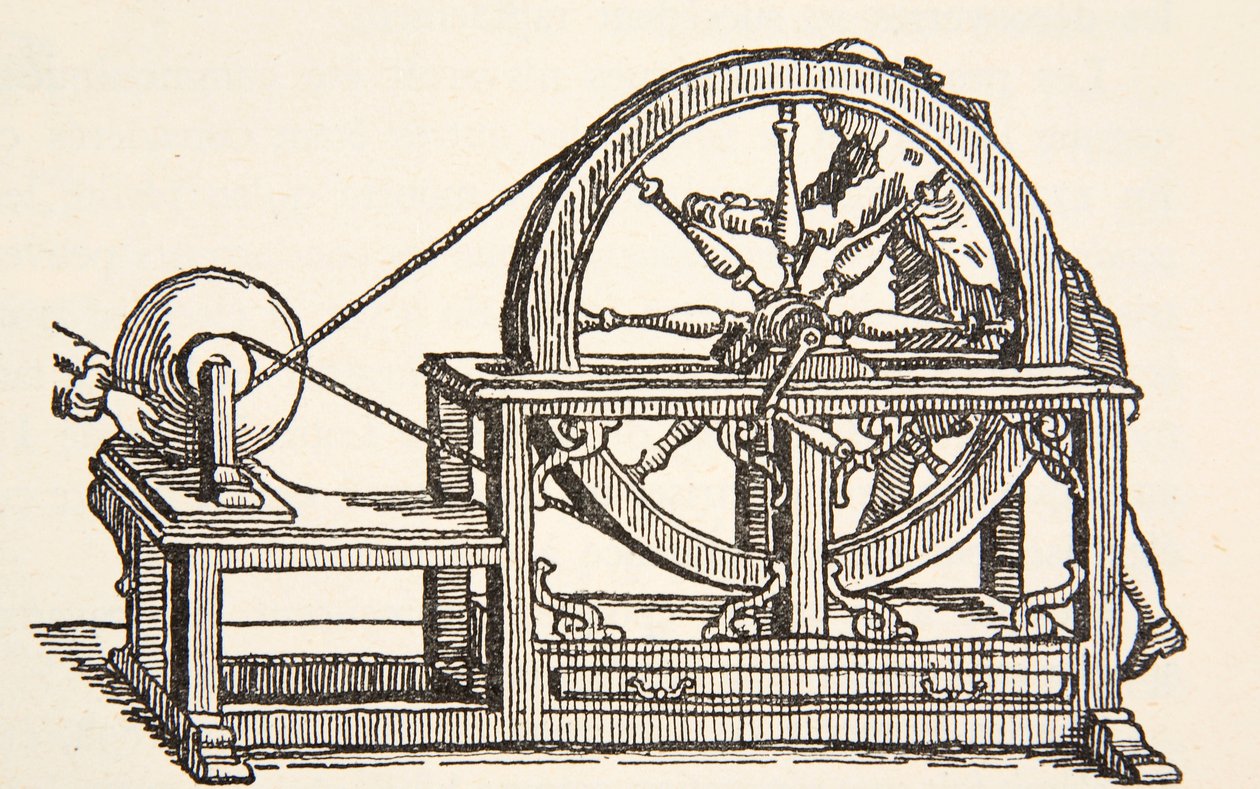 Elektrický stroj Abbe Nollets, 1746, kopie Borise Mestcherského (zemř. 1957), ilustrace z knihy Histoire de la Nation Francaise, Sciences, Volumes I & II, autor Gabriel Hanotaux (1853-1944), 1924. od French School