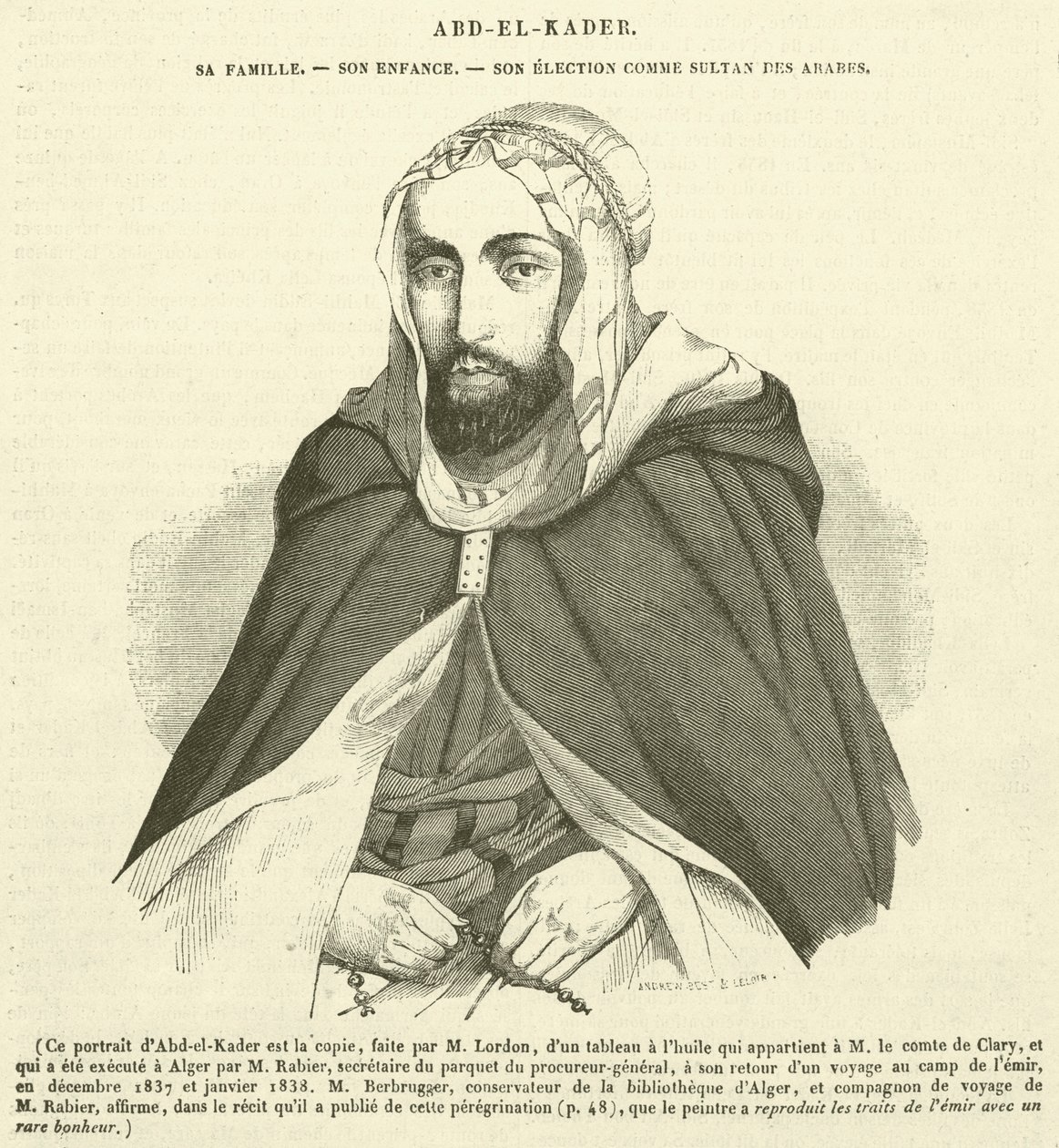 Abd-el-Kader, jeho rodina, dětství, zvolení arabským sultánem (rytina) od French School