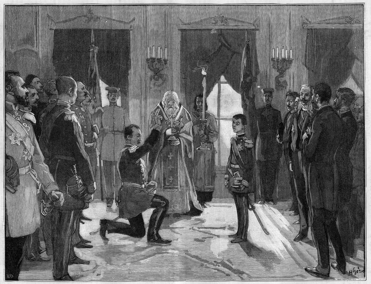 Abdikace srbského krále Milana 1. (1854-1901), 7. března 1889: bývalý král složil přísahu poslušnosti a věrnosti svému synovi Alexandru 1. Srbskému (1876-1903), za kterého právě abdikoval. Rytina v „“ Le Monde Illustré““ č. 1666 z 2. března od French School