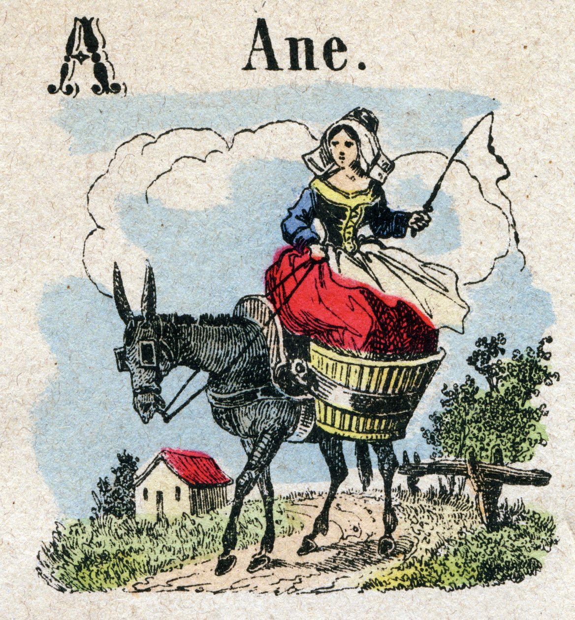 Abecedary. Písmeno A jako osel. Malá encyklopedická abeceda, populární série. Epinal imaging, konec 19. století od French School