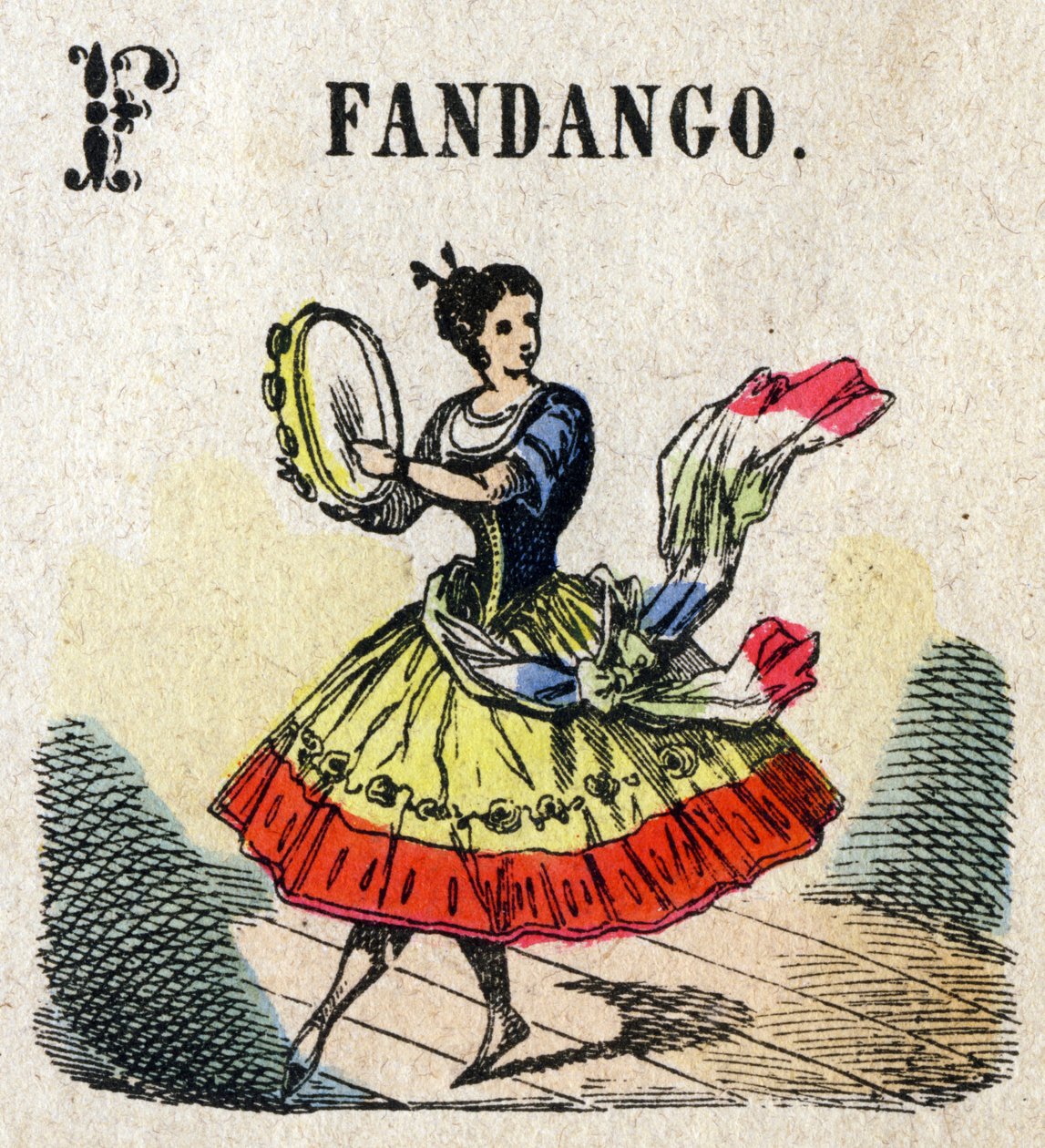 Abecedary. Písmeno F jako Fandango. Malá encyklopedická abeceda, populární série. Epinal imaging, konec 19. století od French School