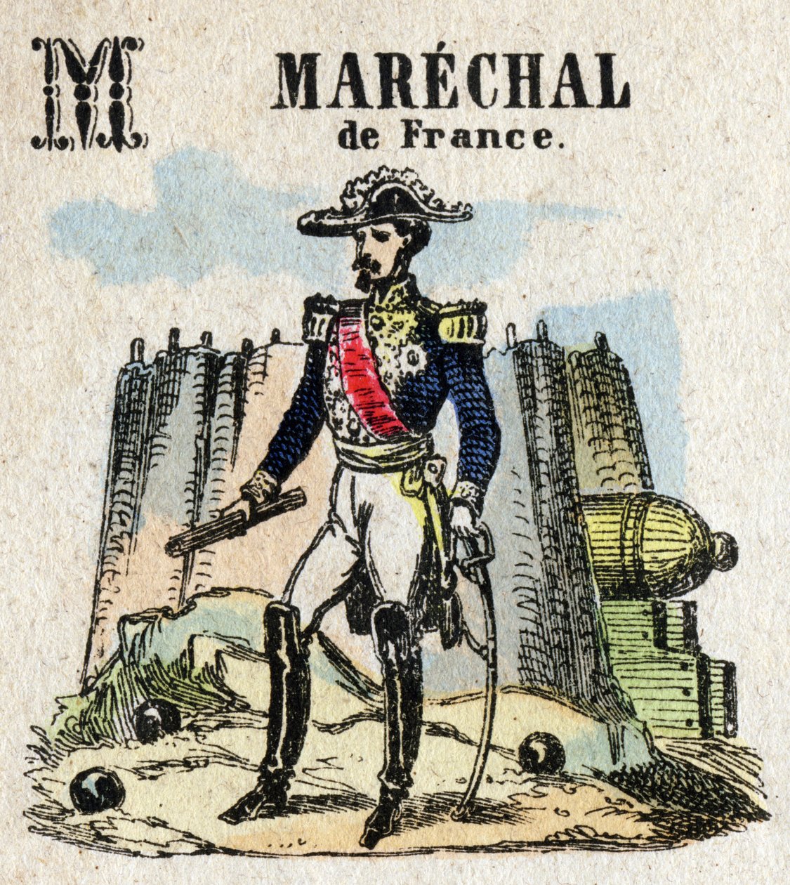 Abecedary. Písmeno M jako Marechal z Francie. Malá encyklopedická abeceda, populární série. Epinal imaging, konec 19. století od French School