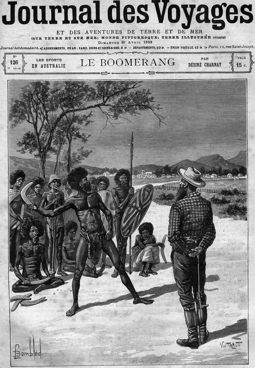 Domorodci z Austrálie používající bumerang, konec 19. století. Rytina v “” Journal des Voyages”” z 30. dubna od French School