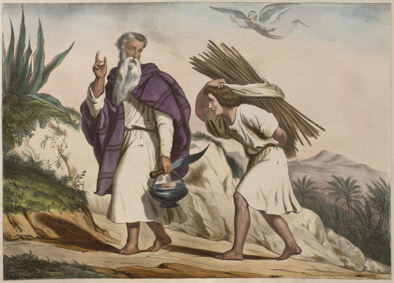 Abraham bere Izáka na horu Moriah, ilustrace z katechismu LHistoire Sainte, vydaný Charlesem Delagrave, Paříž od French School
